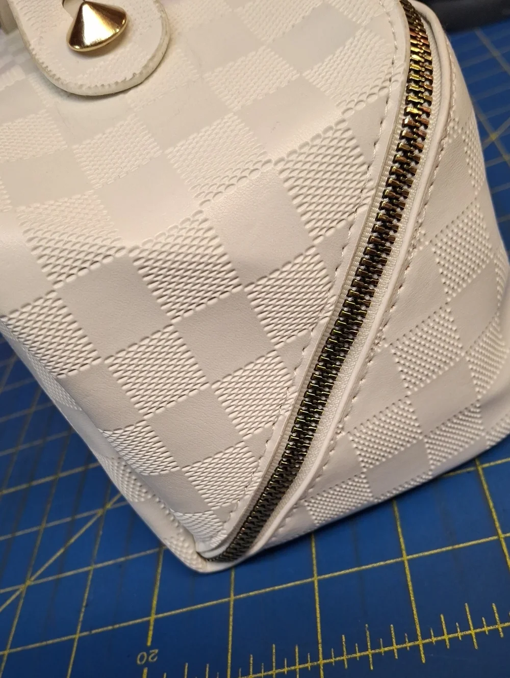 White Quilted Cosmetic Train Case Gold Hardware 9x5x5